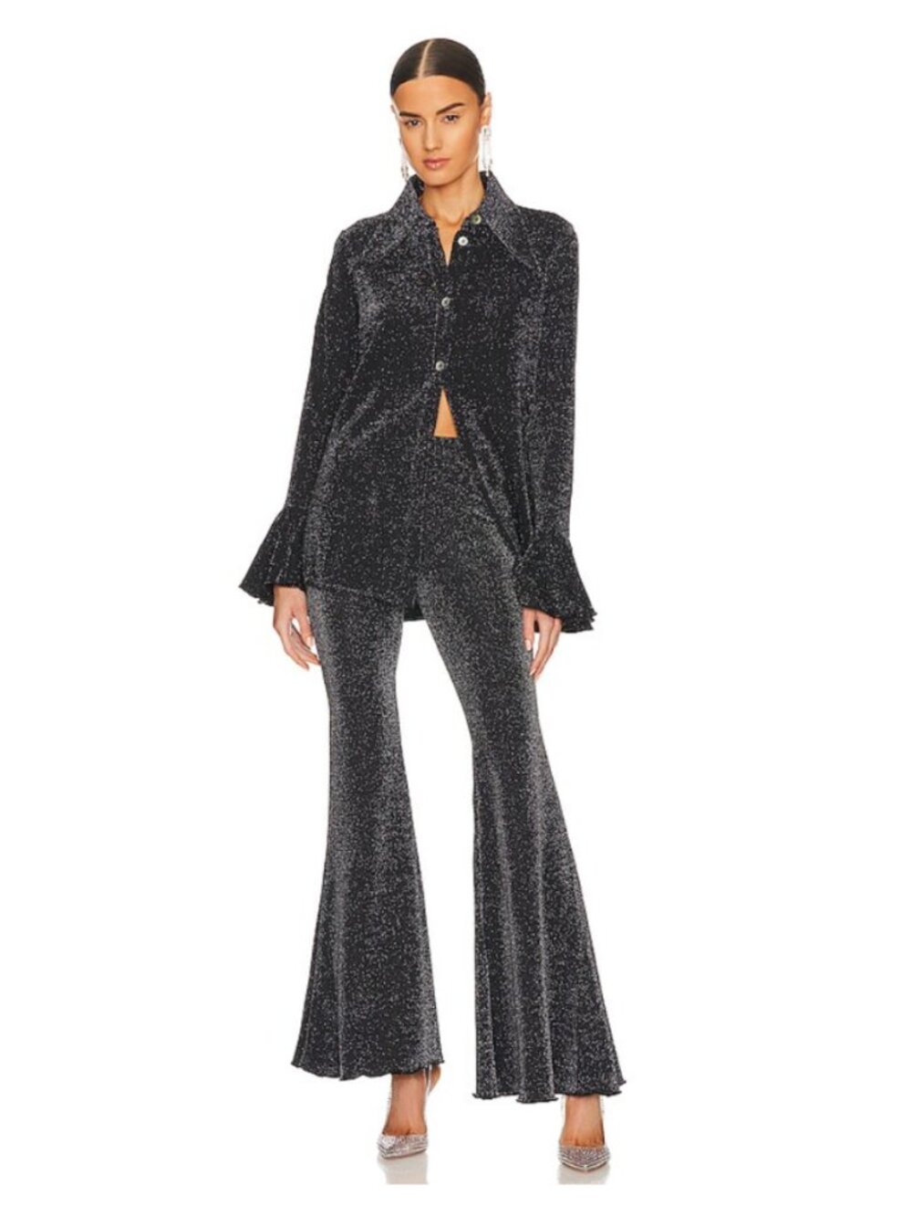 Sleeper Black Cosmos Metallic Lurex Stretchy Jersey Knit Lounge Suit with Pants